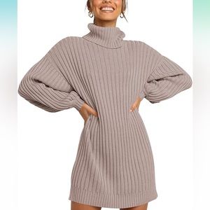ANRABESS Women Turtleneck LongLantern Sleeve Casual Loose Oversized SweaterDress